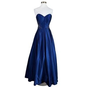 Blondie Nites Strapless Beaded Satin A-Line Evening Gown Royal Blue Size 7 Dress